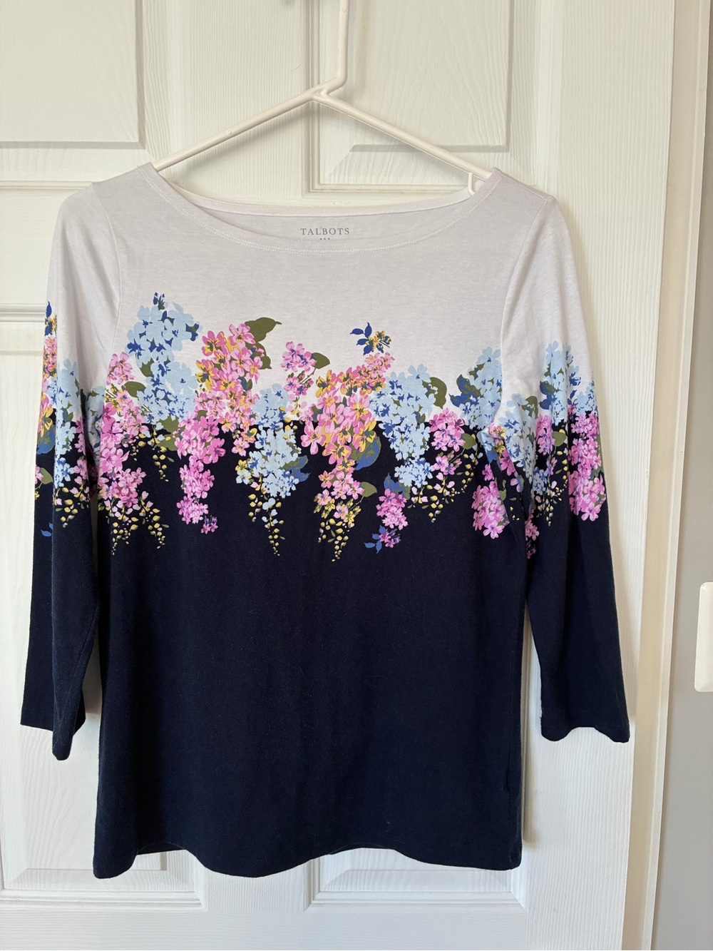 Talbots color block Navy & White Floral cotton stretch Boatneck Top small